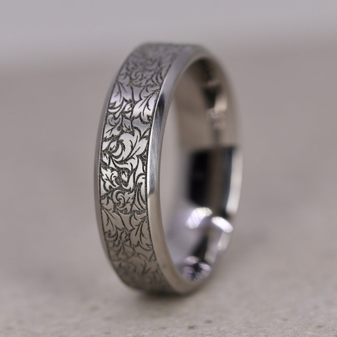 Titanium Floral Pattern Bevelled Edge Wedding Ring - The Wentworth Gardens - Made-to-Order Titanium Rings