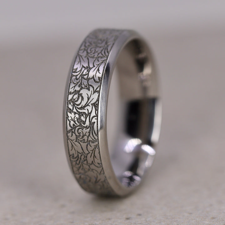 Titanium Floral Pattern Bevelled Edge Wedding Ring - The Wentworth Gardens - Made-to-Order Titanium Rings