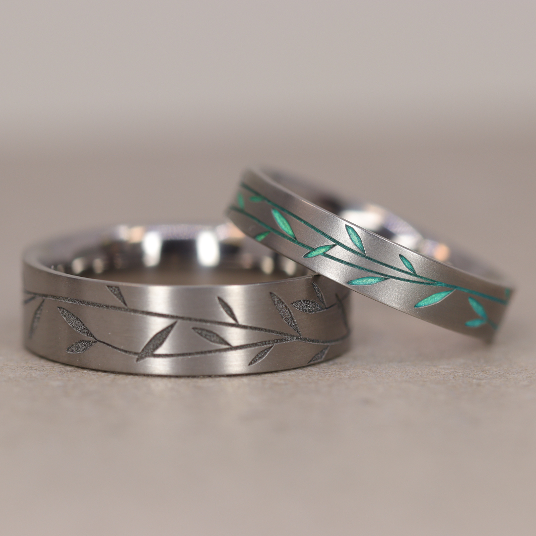 Titanium Floral Vine Patterned Flat Brushed Court Unisex 6.0mm Wedding Ring - The Chelsea Park - Made-to-Order Titanium Rings
