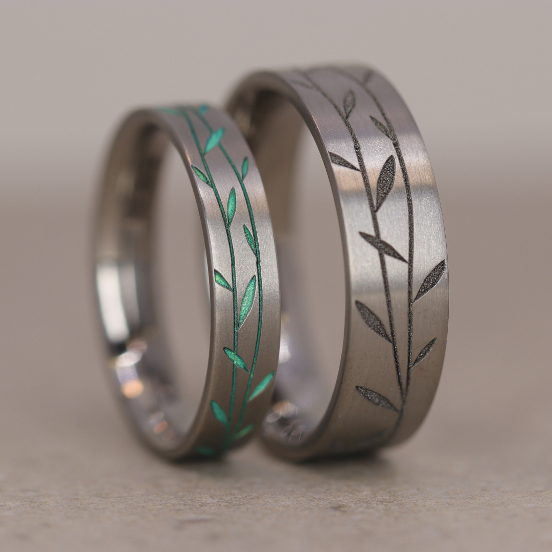 Titanium Floral Vine Patterned Flat Brushed Court Unisex 6.0mm Wedding Ring - The Chelsea Park - Made-to-Order Titanium Rings