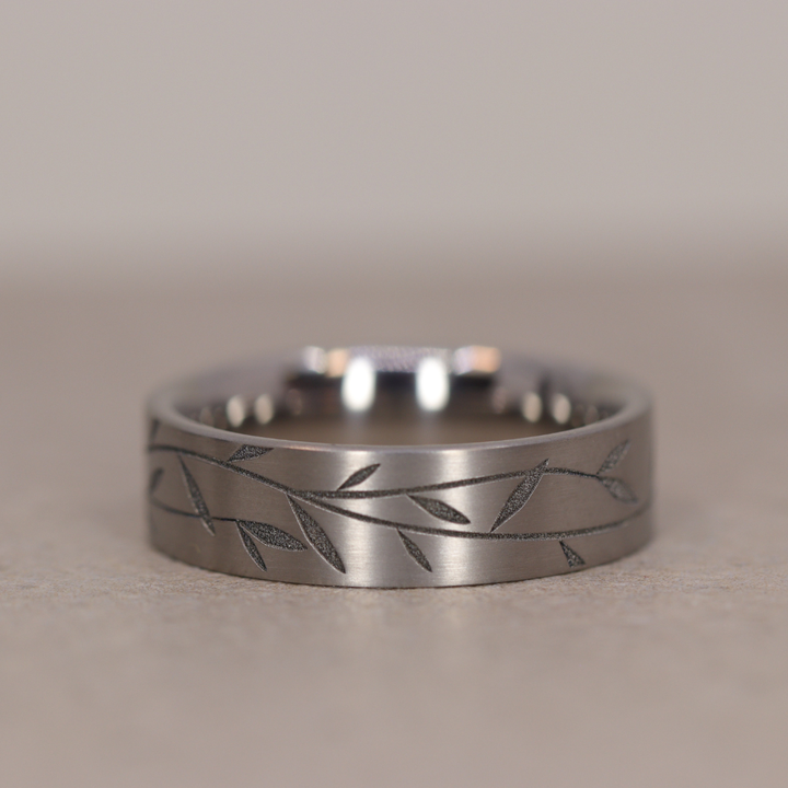 Titanium Floral Vine Patterned Flat Brushed Court Unisex 6.0mm Wedding Ring - The Chelsea Park - Made-to-Order Titanium Rings