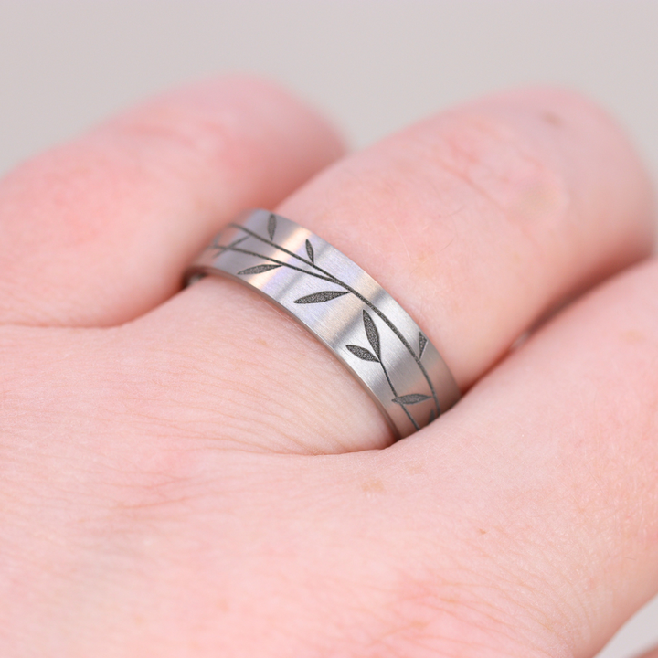 Titanium Floral Vine Patterned Flat Brushed Court Unisex 6.0mm Wedding Ring - The Chelsea Park - Made-to-Order Titanium Rings