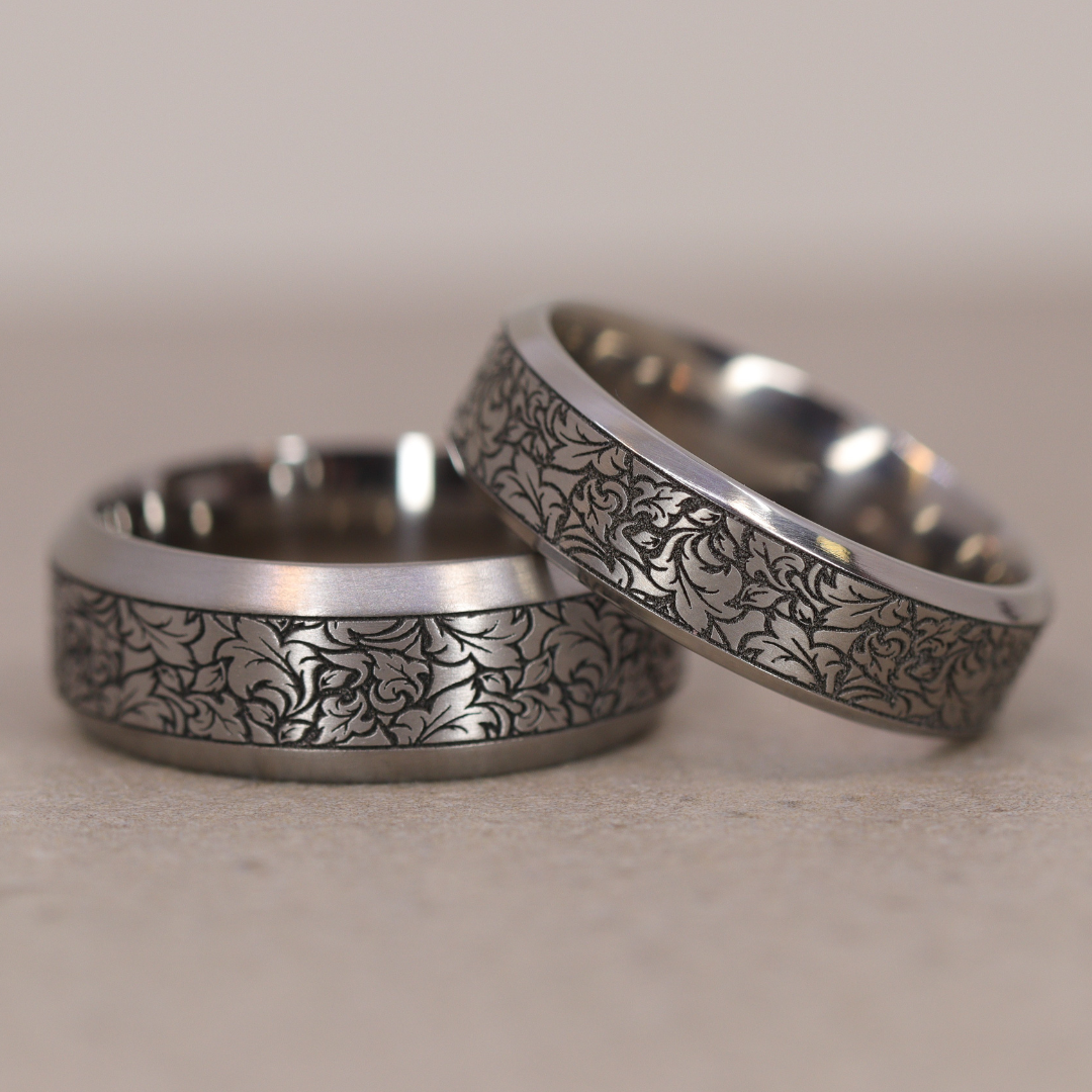 Titanium Floral Pattern Bevelled Edge Men's/Unisex 8.0mm Wedding Ring - The Wentworth Gardens - Made-to-Order
