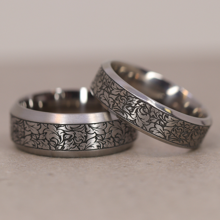 Titanium Floral Pattern Bevelled Edge Men's/Unisex 8.0mm Wedding Ring - The Wentworth Gardens - Made-to-Order