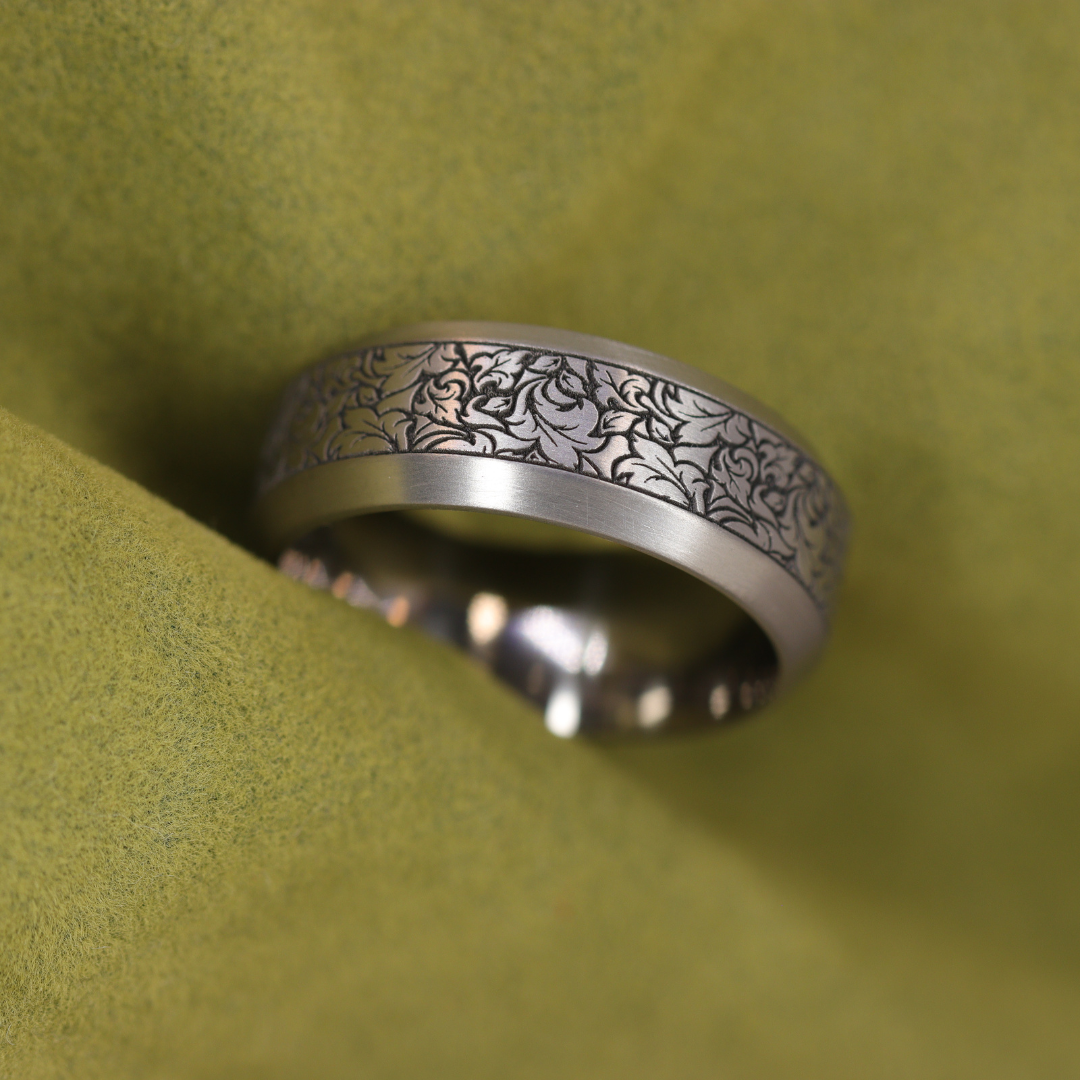Titanium Floral Pattern Bevelled Edge Men's/Unisex 8.0mm Wedding Ring - The Wentworth Gardens - Made-to-Order