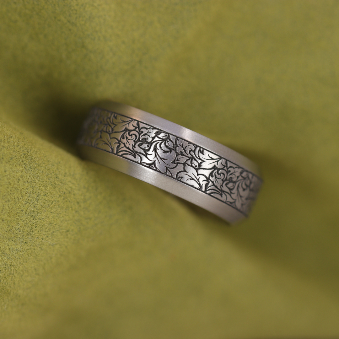 Titanium Floral Pattern Bevelled Edge Men's/Unisex 8.0mm Wedding Ring - The Wentworth Gardens - Made-to-Order