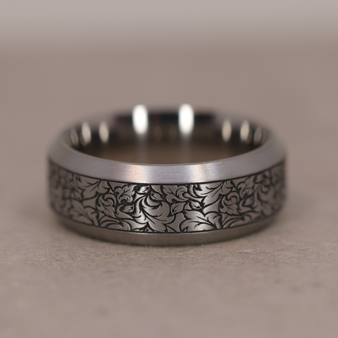 Titanium Floral Pattern Bevelled Edge Men's/Unisex 8.0mm Wedding Ring - The Wentworth Gardens - Made-to-Order