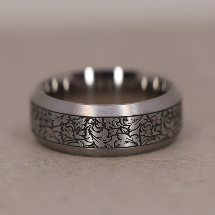 Titanium Floral Pattern Bevelled Edge Men's/Unisex 8.0mm Wedding Ring - The Wentworth Gardens - Made-to-Order