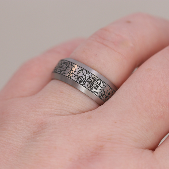 Titanium Floral Pattern Bevelled Edge Men's/Unisex 8.0mm Wedding Ring - The Wentworth Gardens - Made-to-Order