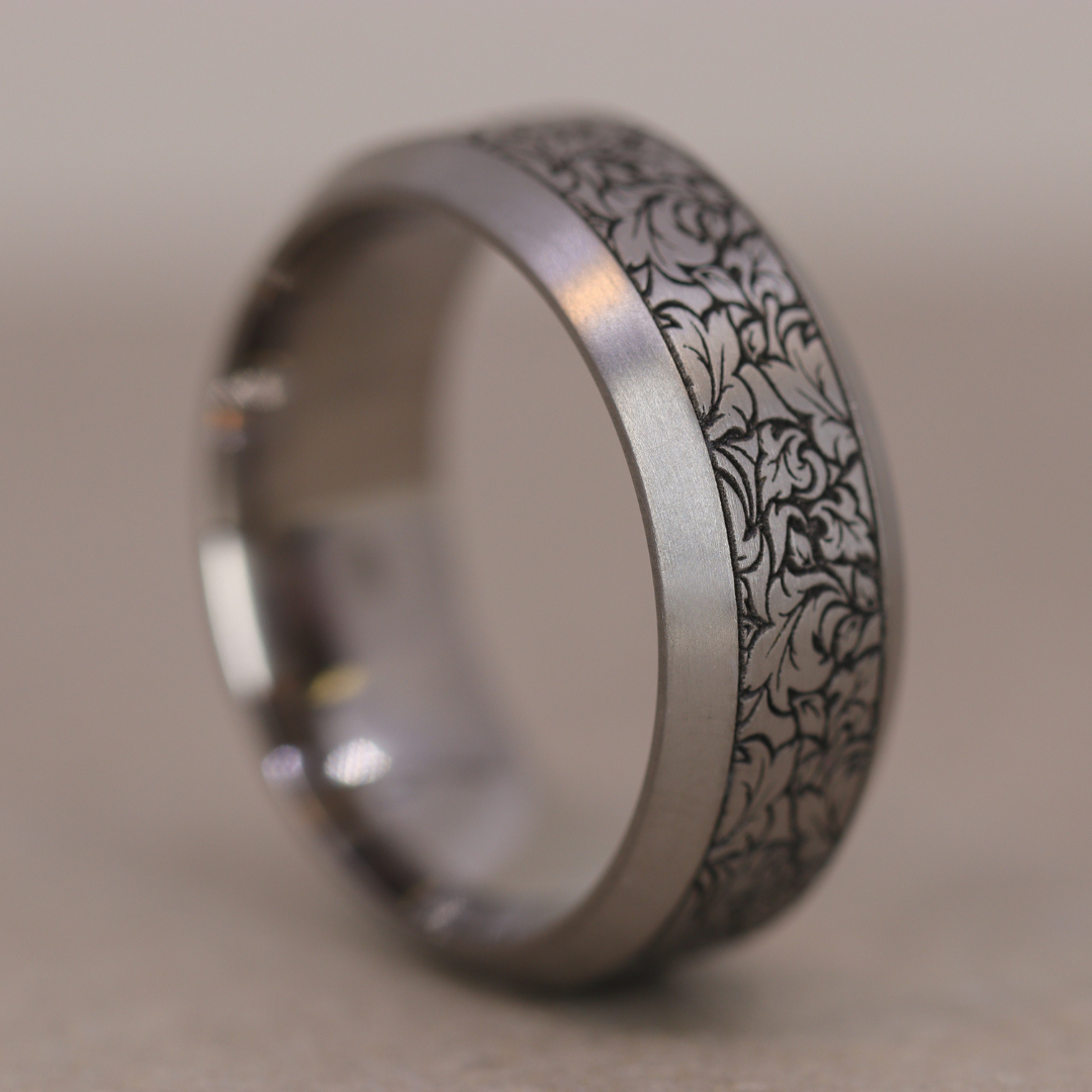 Titanium Floral Pattern Bevelled Edge Men's/Unisex 8.0mm Wedding Ring - The Wentworth Gardens - Made-to-Order