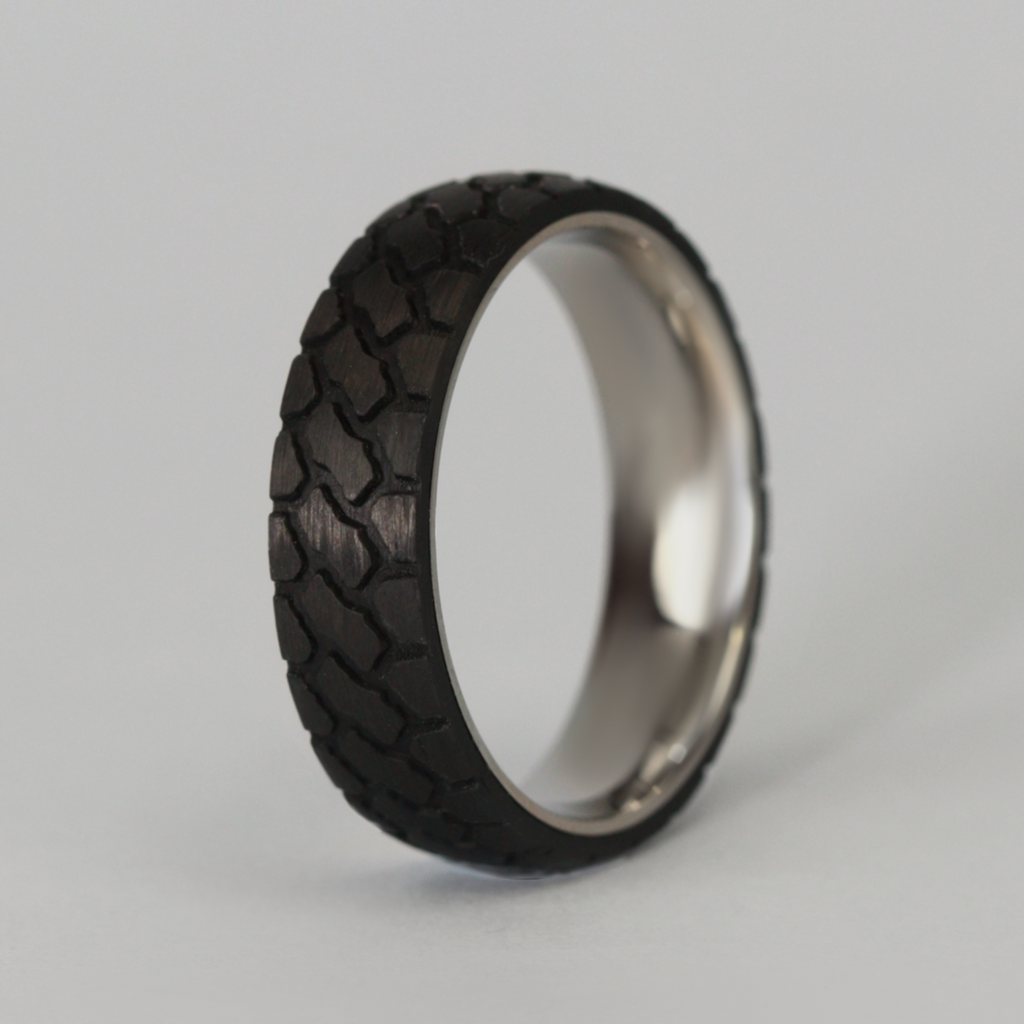 Titanium and Carbon Fibre Tyre Effect Wedding Ring - The Marshal Titanium Rings