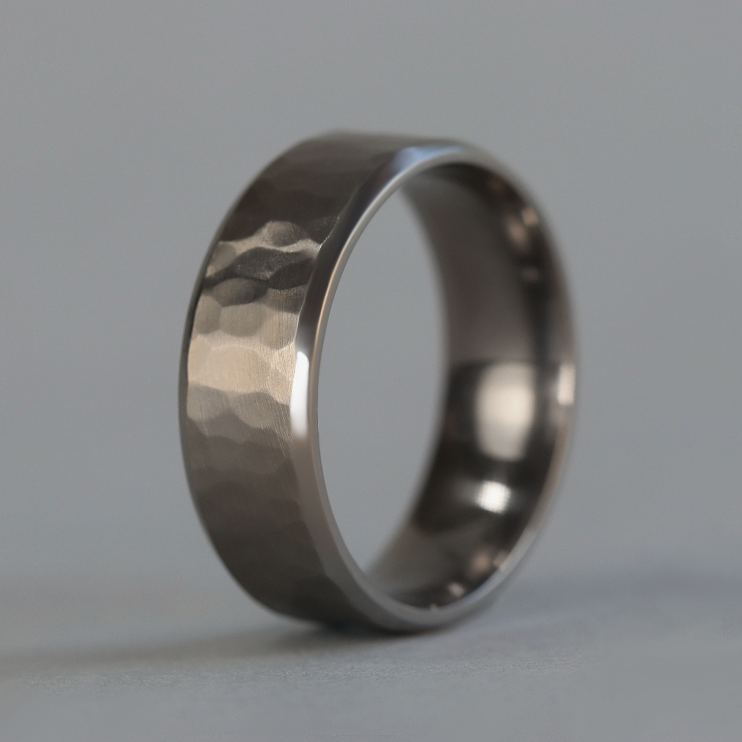 Hammered Bevelled Edge Wide Titanium 8mm Wedding Ring - The Stanage Edge Ring - Made-to-Order Titanium Rings
