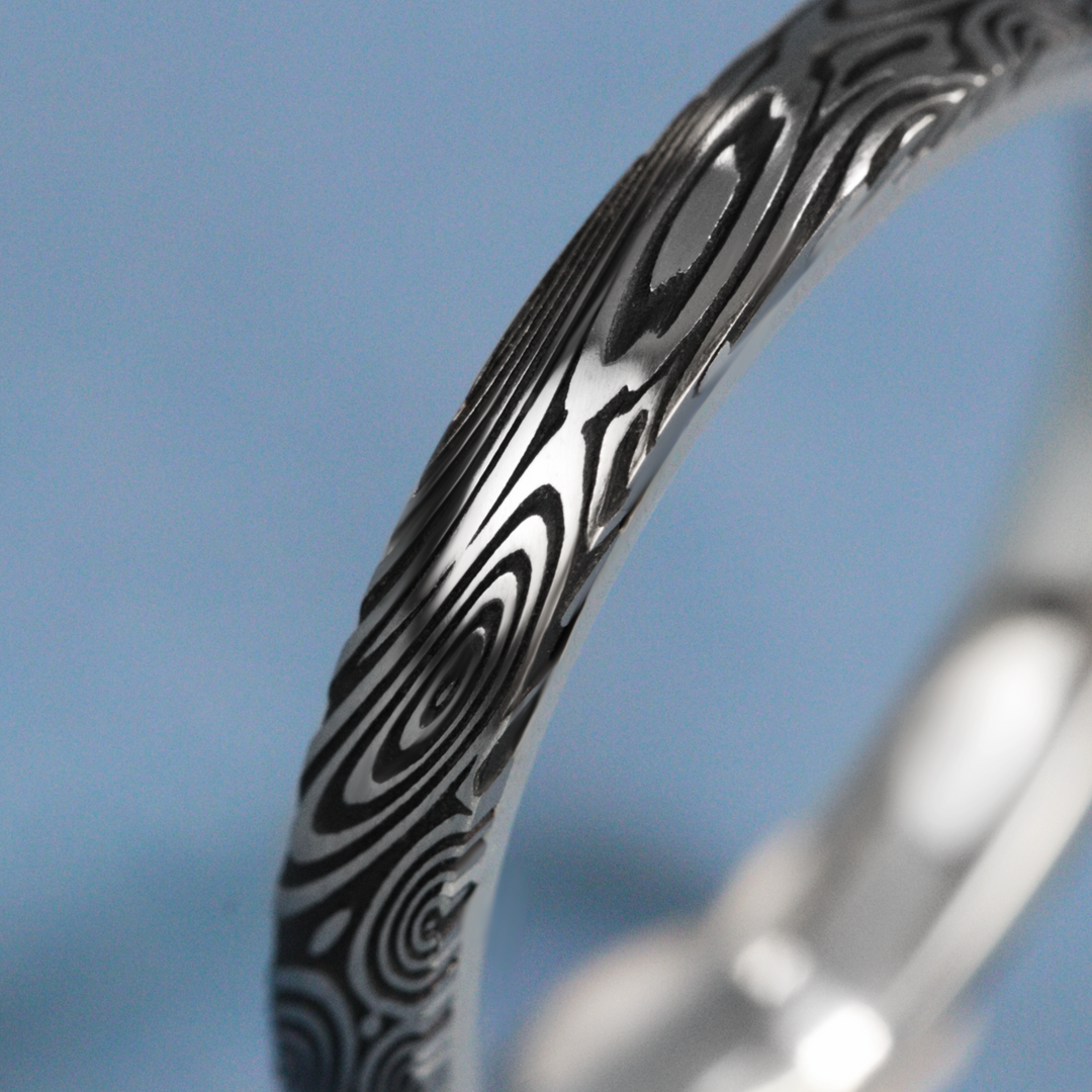 Water Ripples Damascus and Silver Wrap Slim Wedding Ring - The Forge Dam Ring - Made-to-Order Titanium Rings