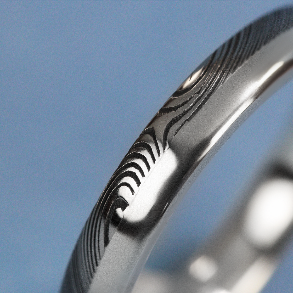 Woodgrain Damascus and Silver Edge Slim Wedding Ring - The Dore & Totley Ring - Made-to-Order Stainless Steel Rings