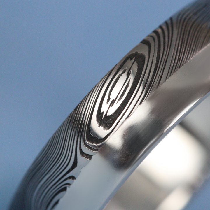 Woodgrain Damascus and Silver Edge Wedding Ring - The Dore & Totley Ring - Made-to-Order Stainless Steel Rings