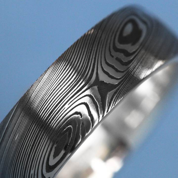 Woodgrain Damascus and Silver Wrap Slim Wedding Ring - The Whirlow Brook Ring - Made-to-Order Titanium Rings