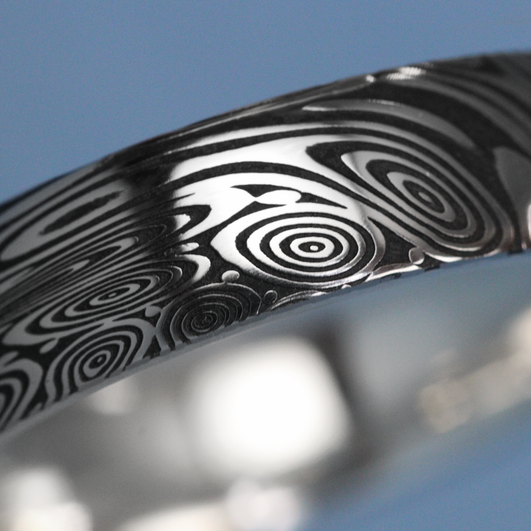 Water Ripples Damascus and Silver Wrap Slim Wedding Ring - The Forge Dam Ring - Made-to-Order Titanium Rings