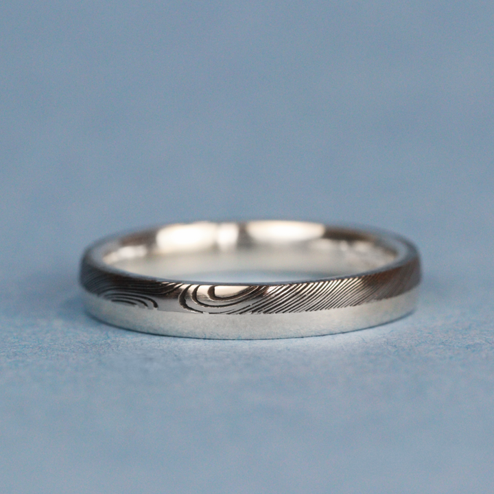Woodgrain Damascus and Silver Edge Slim Wedding Ring - The Dore & Totley Ring - Made-to-Order Stainless Steel Rings