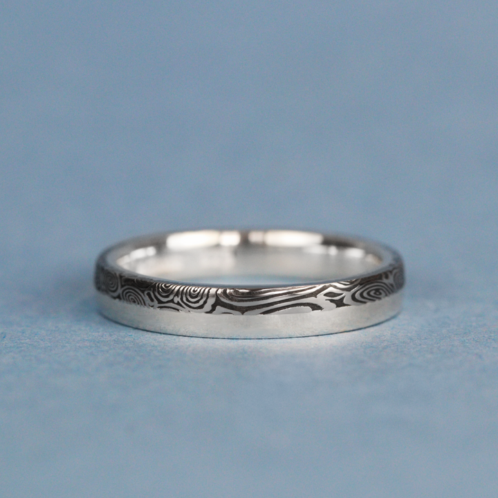 Woodgrain Damascus and Silver Edge Slim Wedding Ring - The Dore & Totley Ring - Made-to-Order Stainless Steel Rings