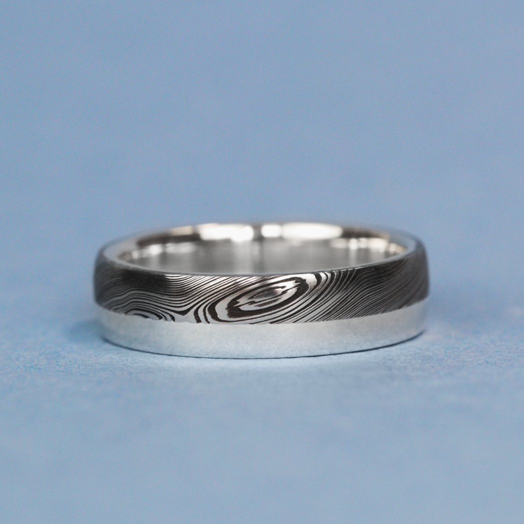 Woodgrain Damascus and Silver Edge Slim Wedding Ring - The Dore & Totley Ring - Made-to-Order Stainless Steel Rings