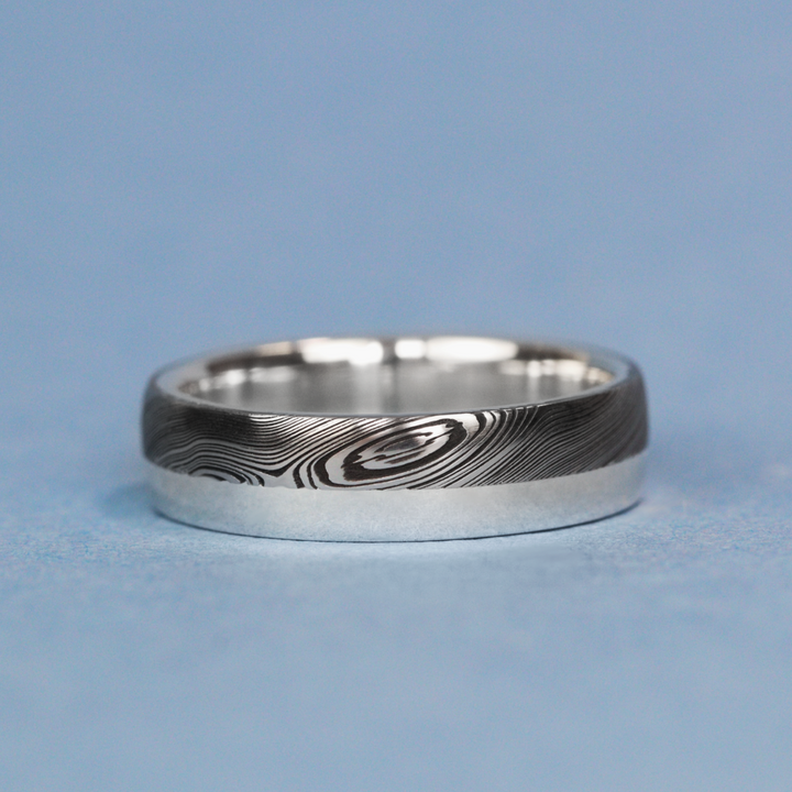 Woodgrain Damascus and Silver Edge Slim Wedding Ring - The Dore & Totley Ring - Made-to-Order Stainless Steel Rings