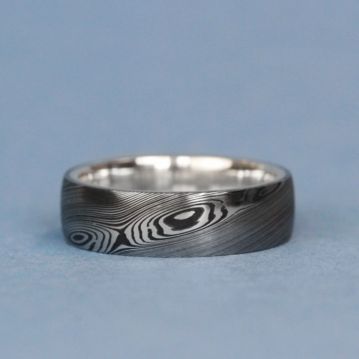 Woodgrain Damascus and Silver Wrap Slim Wedding Ring - The Whirlow Brook Ring - Made-to-Order Titanium Rings