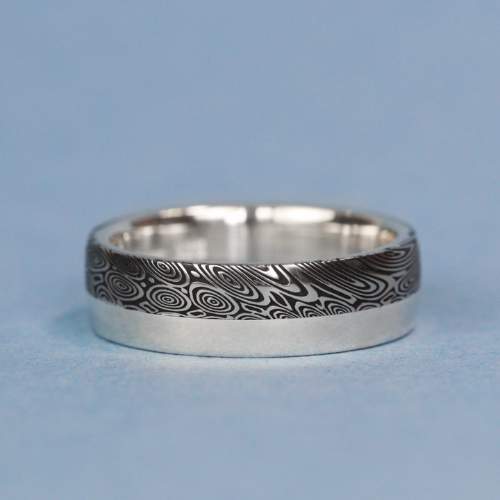 Water Ripples Damascus and Silver Edge Wedding Ring - The Bamford Edge Ring - Made-to-Order Stainless Steel Rings