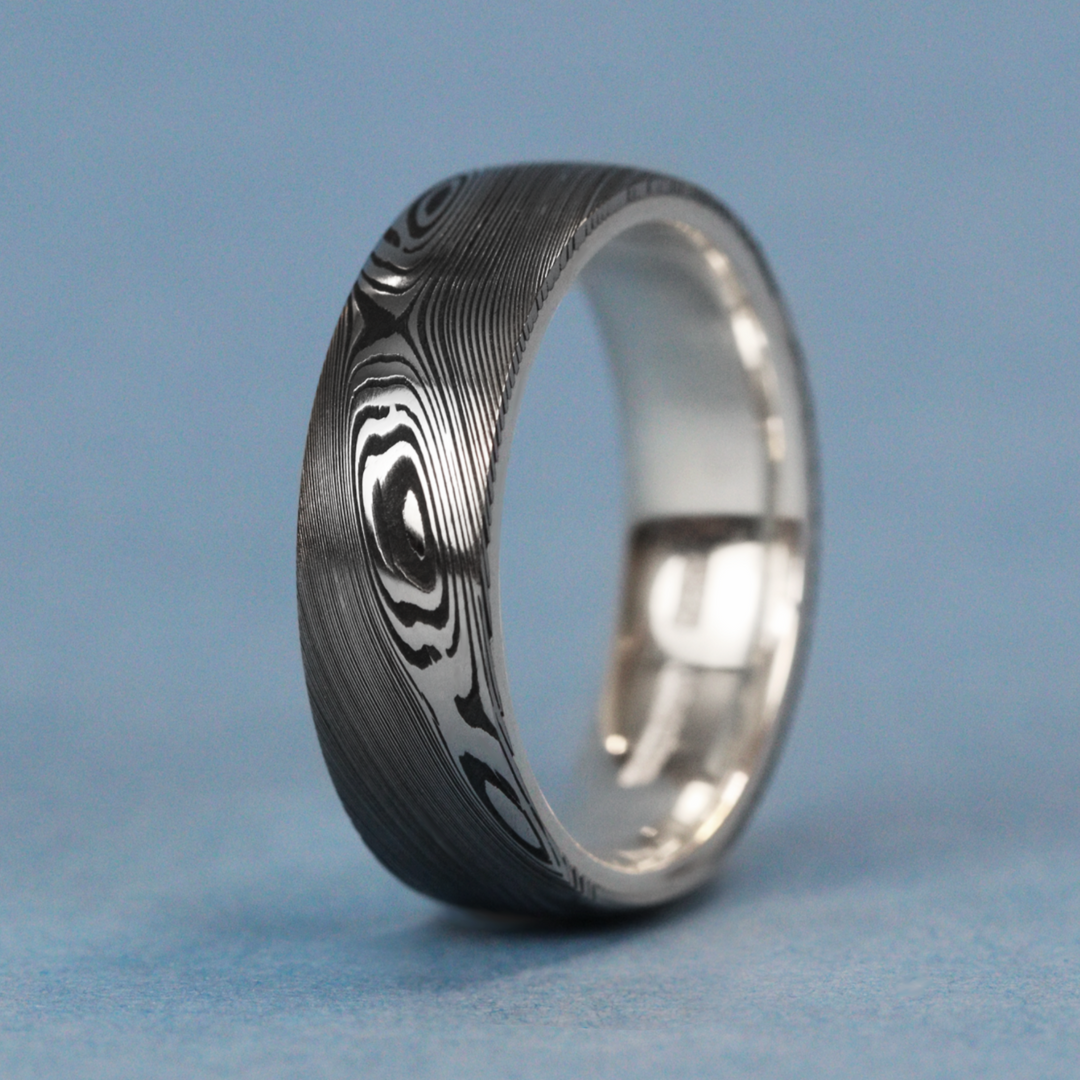 Woodgrain Damascus and Silver Wrap Slim Wedding Ring - The Whirlow Brook Ring - Made-to-Order Titanium Rings