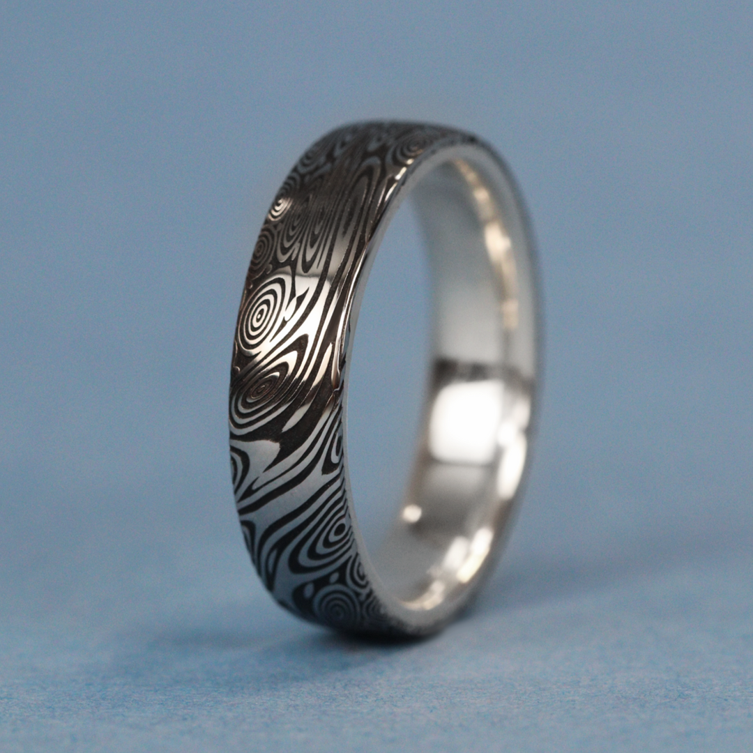 Water Ripples Damascus and Silver Wrap Slim Wedding Ring - The Forge Dam Ring - Made-to-Order Titanium Rings