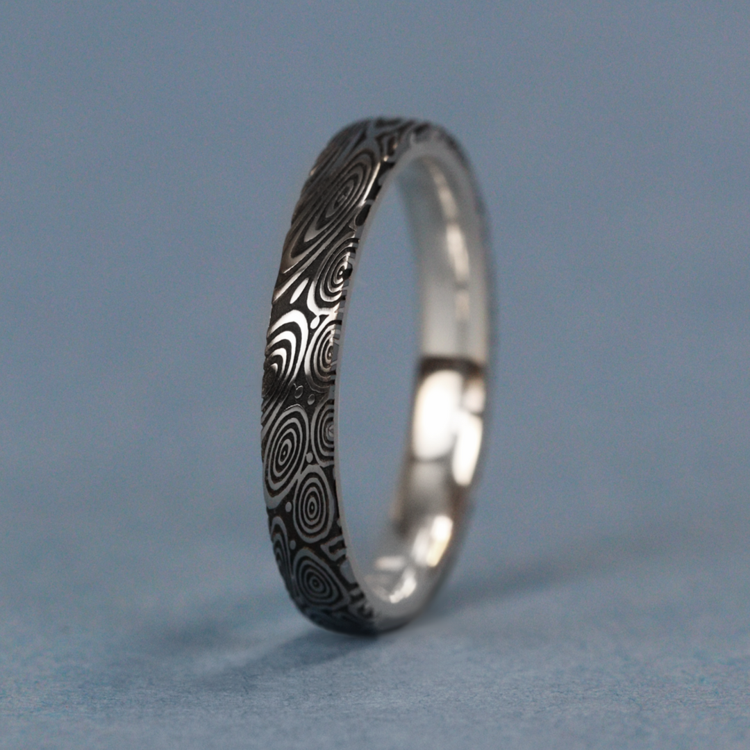 Water Ripples Damascus and Silver Wrap Slim Wedding Ring - The Forge Dam Ring - Made-to-Order Titanium Rings