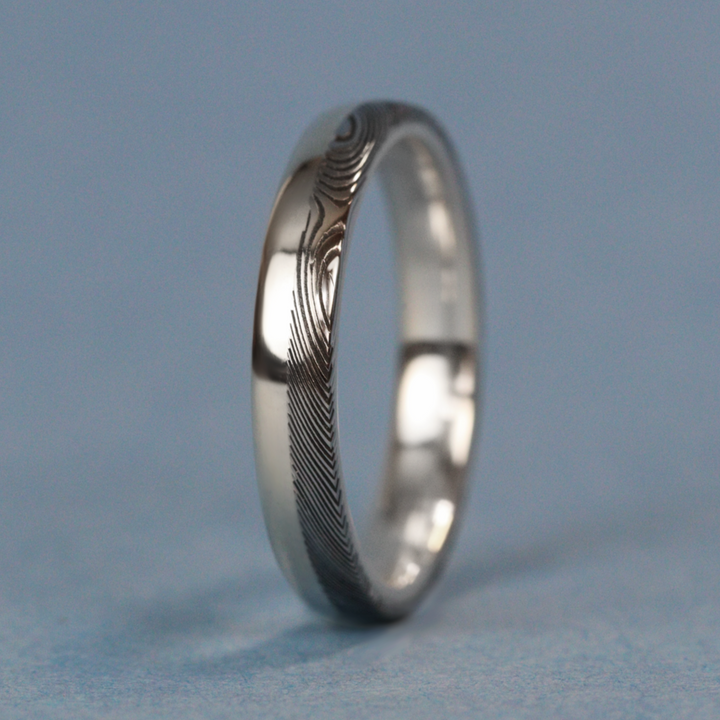 Woodgrain Damascus and Silver Edge Wedding Ring - The Dore & Totley Ring - Made-to-Order Stainless Steel Rings
