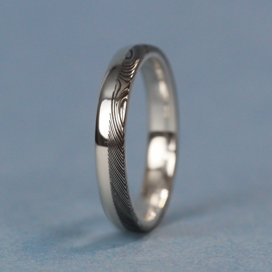 Woodgrain Damascus and Silver Edge Slim Wedding Ring - The Dore & Totley Ring - Made-to-Order Stainless Steel Rings