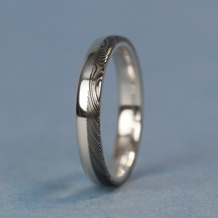 Woodgrain Damascus and Silver Edge Slim Wedding Ring - The Dore & Totley Ring - Made-to-Order Stainless Steel Rings