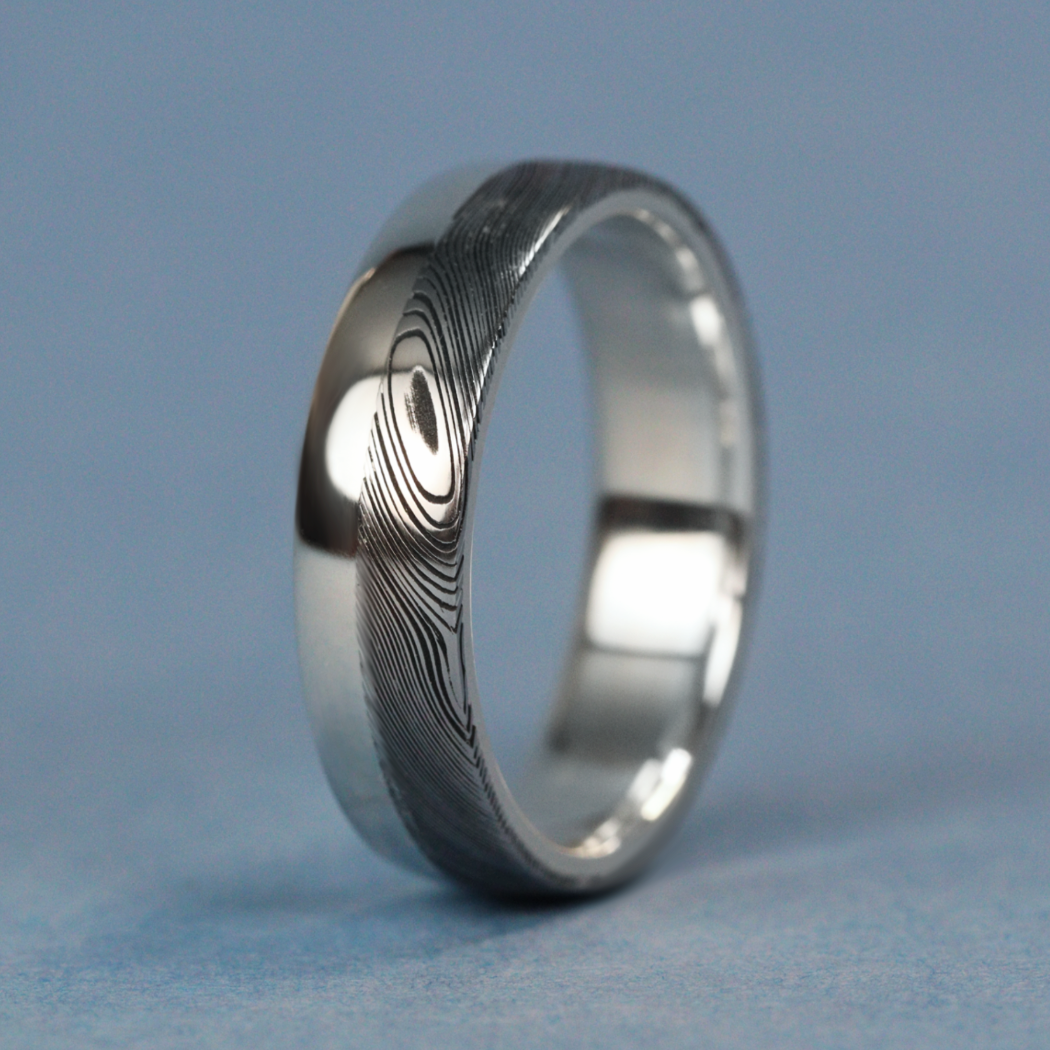 Woodgrain Damascus and Silver Edge Slim Wedding Ring - The Dore & Totley Ring - Made-to-Order Stainless Steel Rings