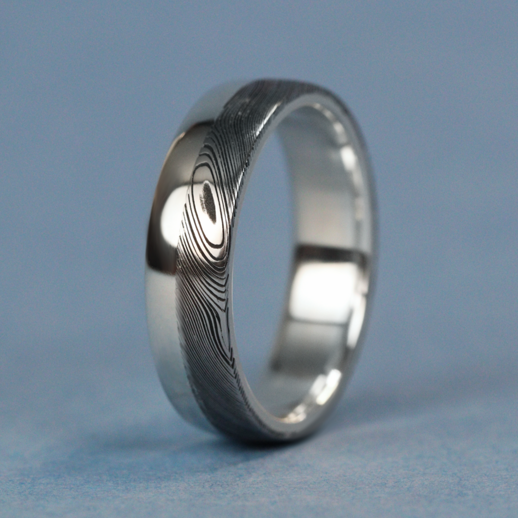 Woodgrain Damascus and Silver Edge Slim Wedding Ring - The Dore & Totley Ring - Made-to-Order Stainless Steel Rings