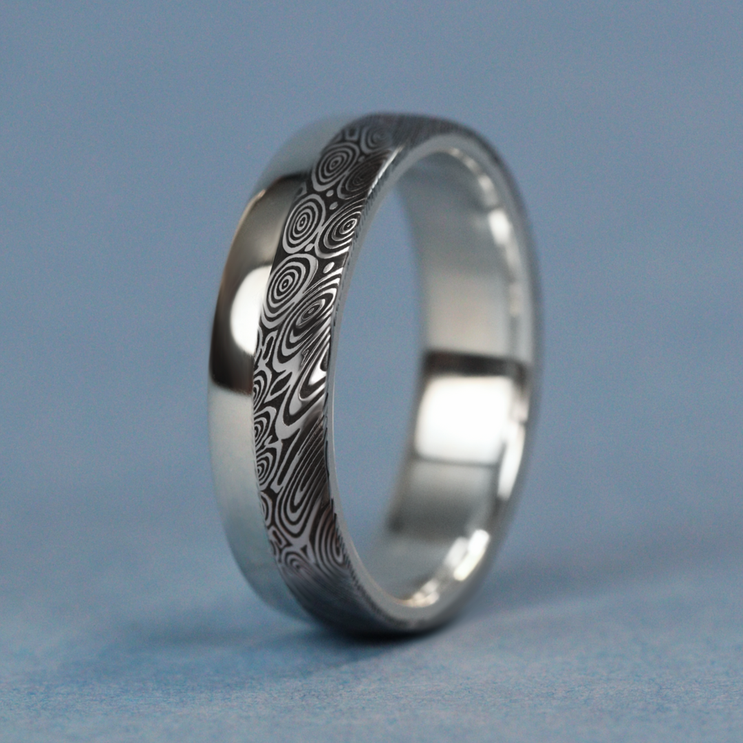 Water Ripples Damascus and Silver Edge Wedding Ring - The Bamford Edge Ring - Made-to-Order Stainless Steel Rings