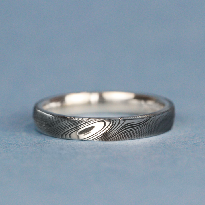 Woodgrain Damascus and Silver Wrap Slim Wedding Ring - The Whirlow Brook Ring - Made-to-Order Titanium Rings