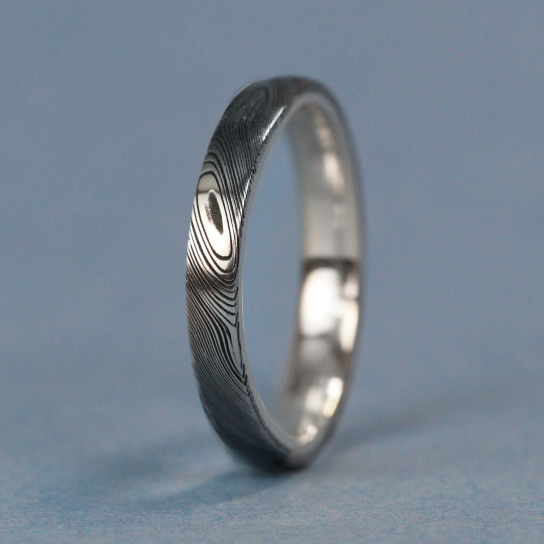 Woodgrain Damascus and Silver Wrap Slim Wedding Ring - The Whirlow Brook Ring - Made-to-Order Titanium Rings