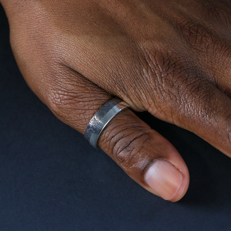 Water Ripples Damascus and Silver Edge Wedding Ring - The Bamford Edge Ring - Made-to-Order Stainless Steel Rings
