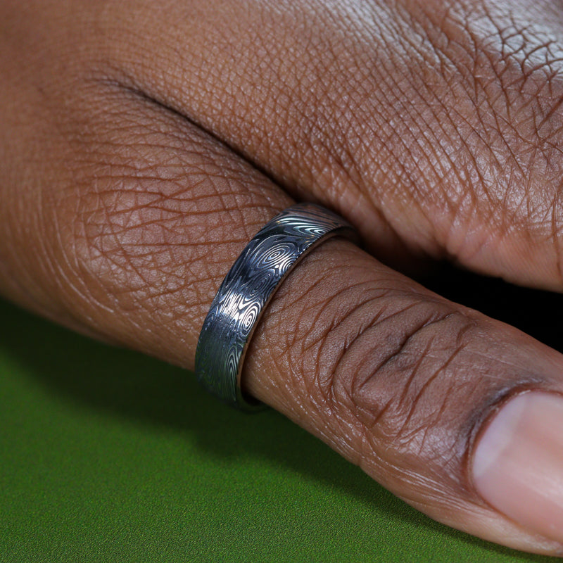 Woodgrain Damascus and Silver Wrap Slim Wedding Ring - The Whirlow Brook Ring - Made-to-Order Titanium Rings