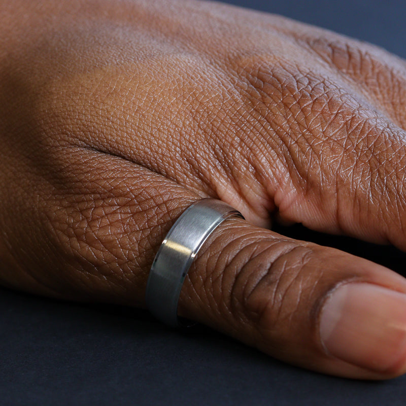 Brushed Centre Stepped Edges Stainless Steel Ring - The Devonshire Green Ring Stainless Steel Rings