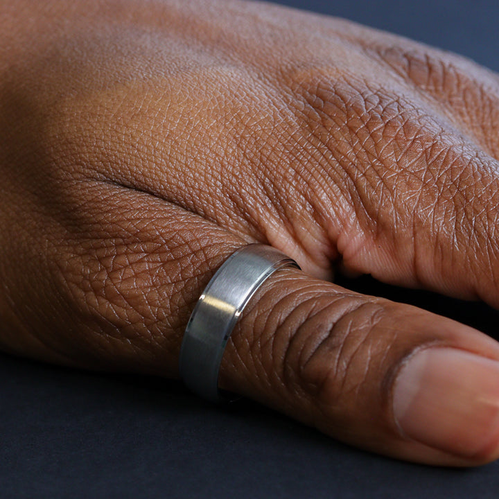 Brushed Centre Stepped Edges Stainless Steel Ring - The Devonshire Green Ring Stainless Steel Rings