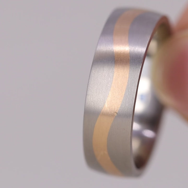Sample Sale - Titanium and 9ct Rose Gold Wave Inlay Men's Wedding Ring - The Loxley Titanium Rings