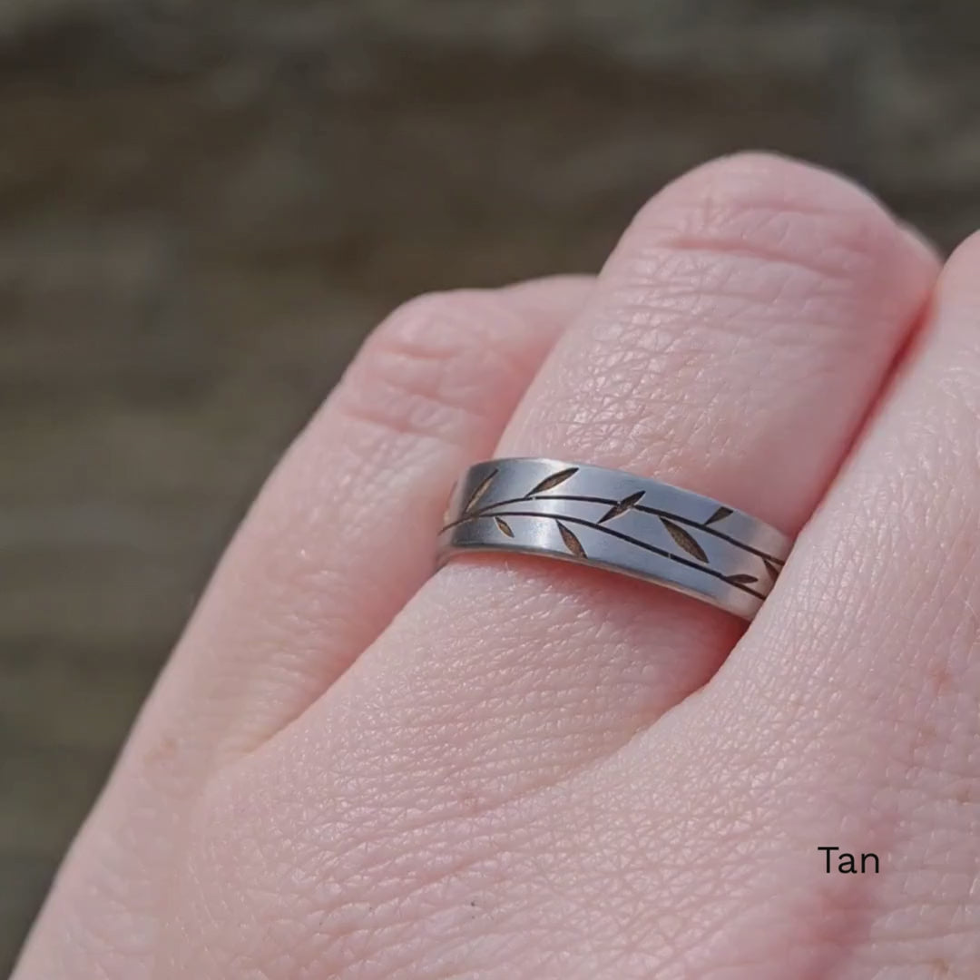 Titanium Floral Vine Patterned Flat Brushed or Polished Court Unisex 6.0mm Wedding Ring - The Chelsea Park - Made-to-Order Titanium Rings