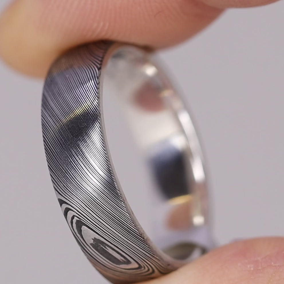 Sample Sale - Damascus Steel and Silver Men's Wedding Ring - The Whirlow Brook Stainless Steel Rings