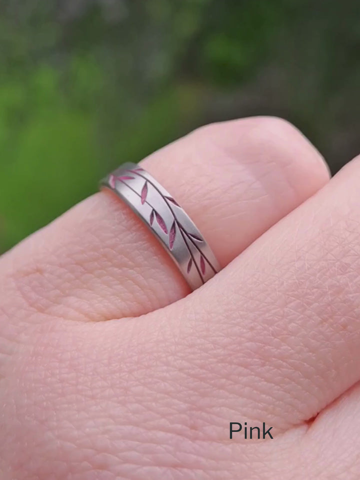 Titanium Floral Vine Patterned Flat Brushed Court Unisex 4.0mm Wedding Ring - The Chelsea Park - Made-to-Order Titanium Rings