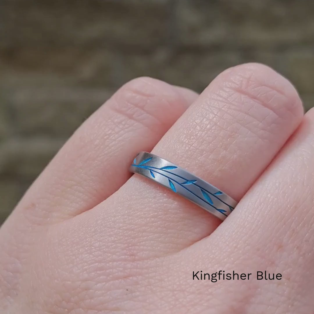Titanium Floral Vine Patterned Flat Brushed Court Unisex Wedding Ring - The Chelsea Park - Made-to-Order Titanium Rings