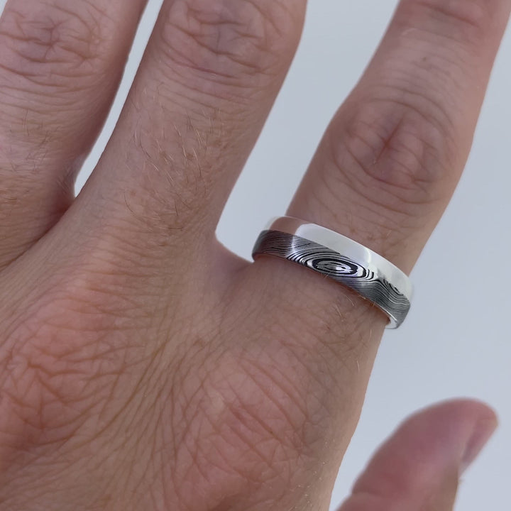 Woodgrain Damascus and Silver Edge Wedding Ring - The Dore & Totley Ring - Made-to-Order Stainless Steel Rings