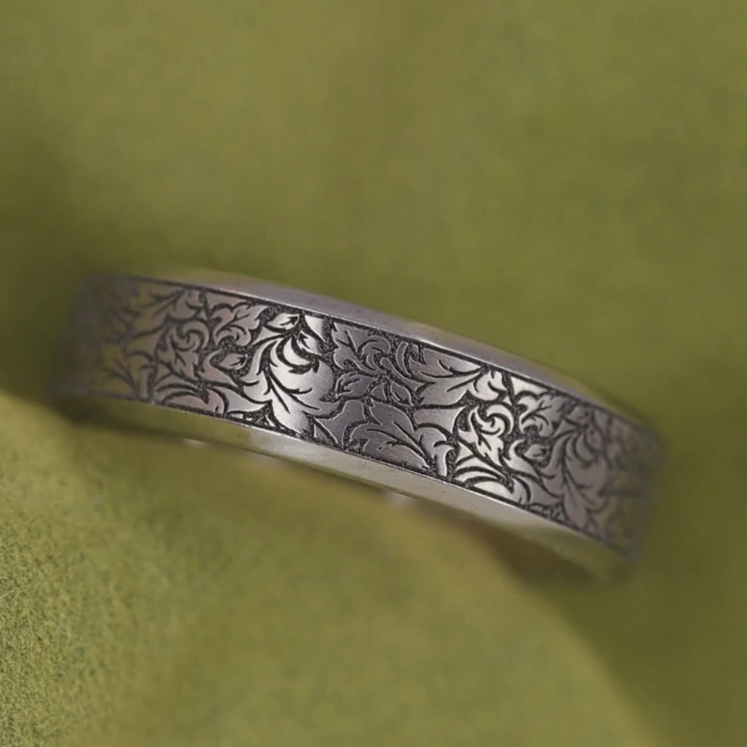 Titanium Floral Pattern Bevelled Edge Men's/Unisex Wedding Ring - The Wentworth Gardens - Made-to-Order Titanium Rings