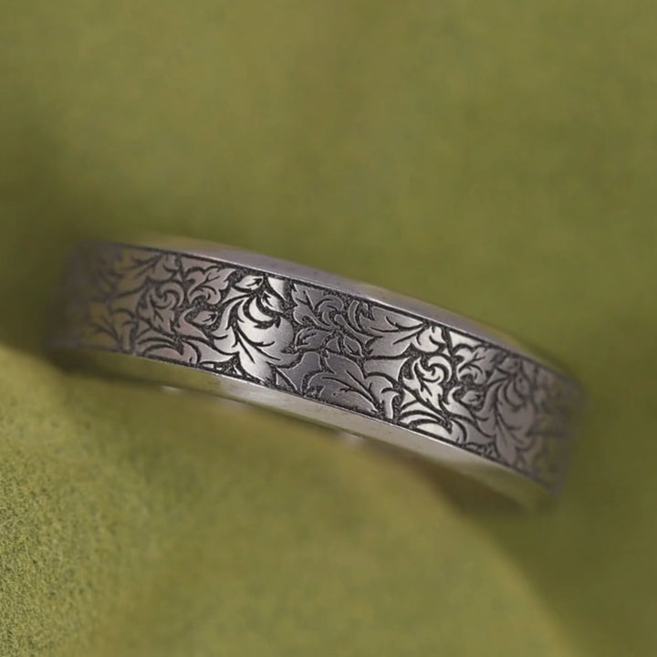 Titanium Floral Pattern Bevelled Edge Men's/Unisex Wedding Ring - The Wentworth Gardens - Made-to-Order Titanium Rings